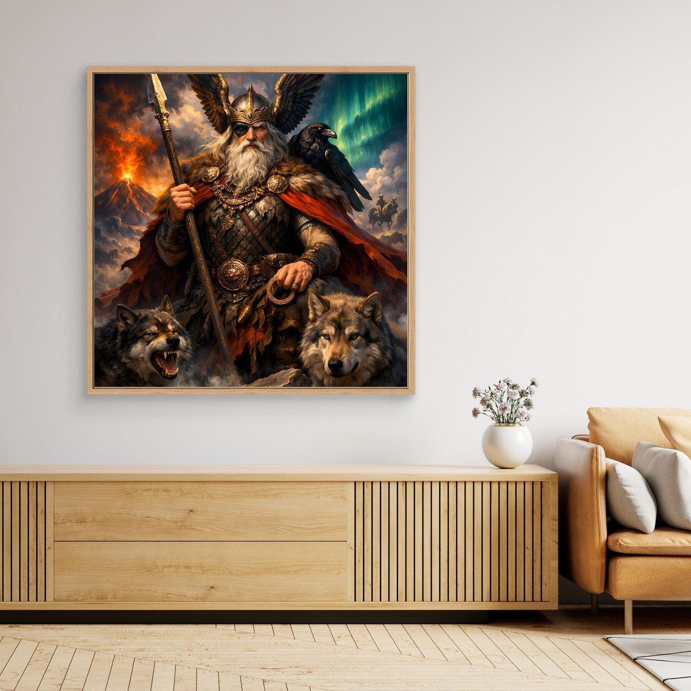 Leinwand Göttervater Odin mit Wölfen und Rabe | Mythologisches Wikinger Wandbild