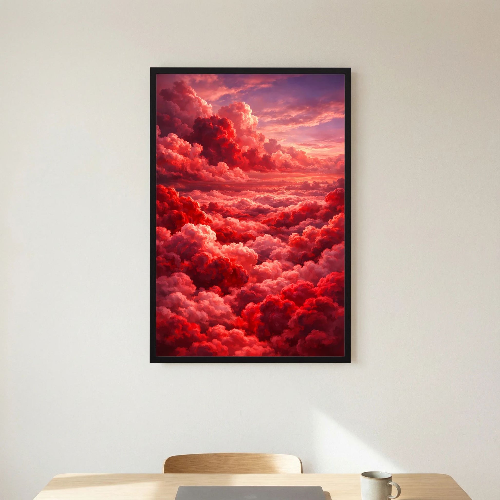 Kunstposter Hochformat mit roten Wolken und warmem Himmel, schwarzer Rahmen