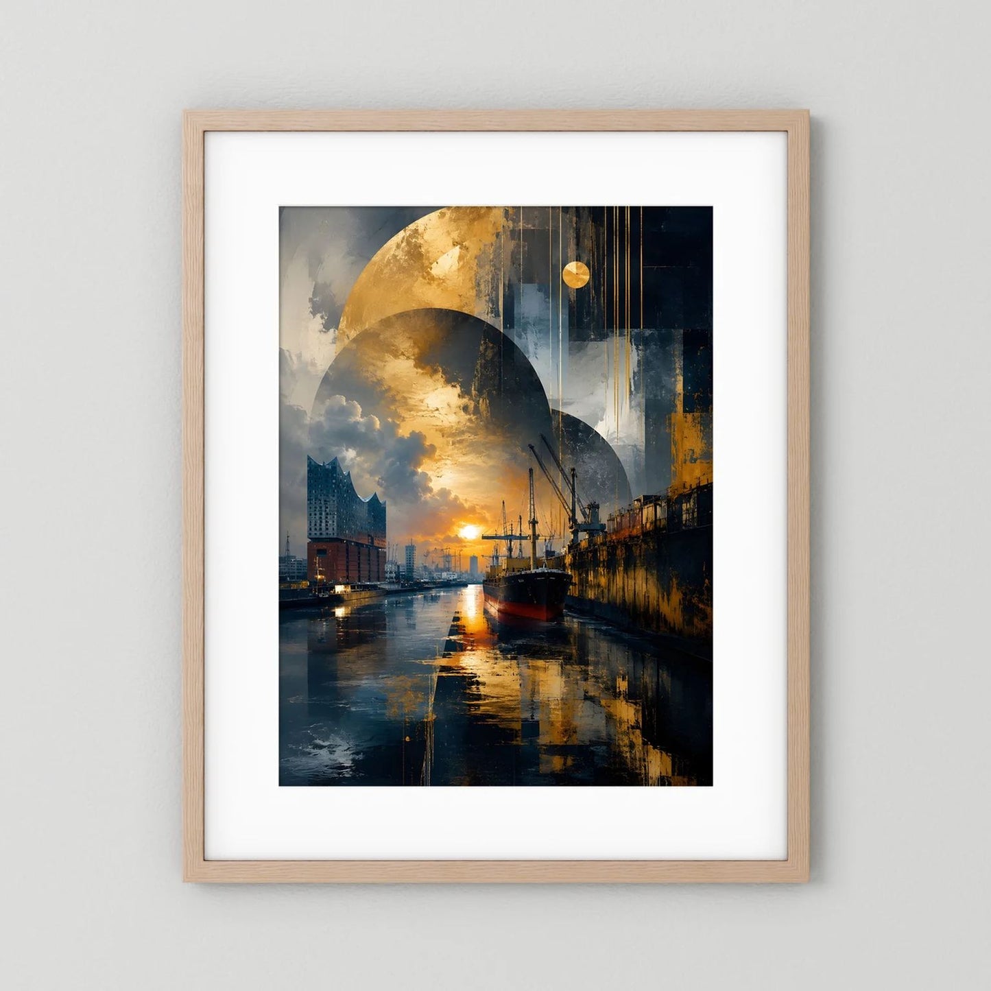 Poster im Hochformat mit abstraktem Hafenmotiv in Gold und Dunkelblau, heller Holzrahmen