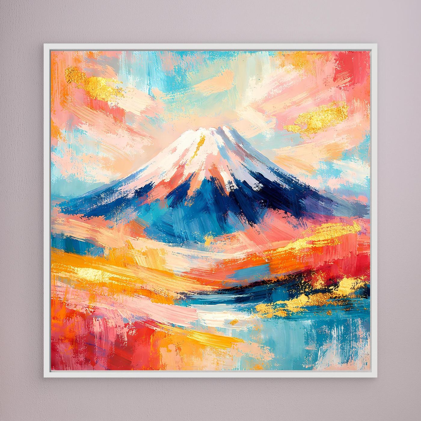 Leinwandbild mit abstraktem Mount-Fuji-Bergmotiv, weißer Rahmen, blau-gelb-rote Akzente