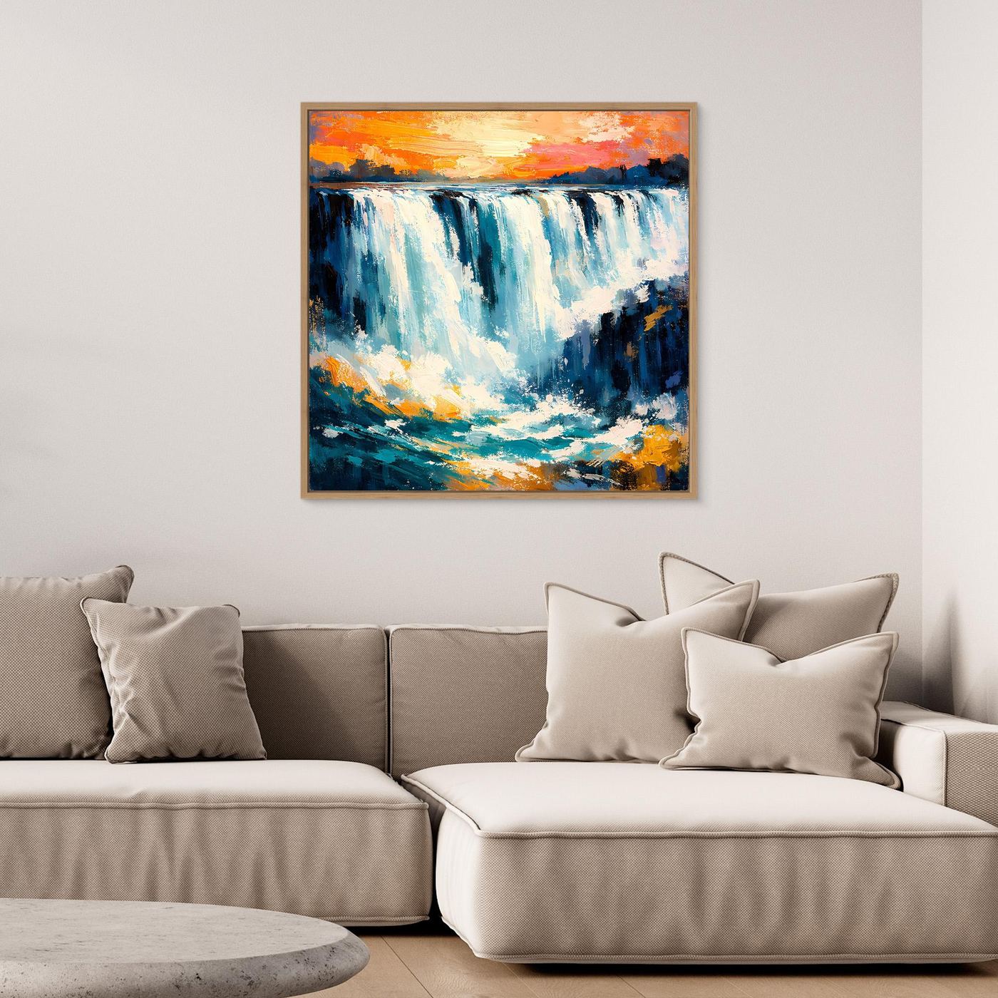 Abstraktes Wasserfall-Leinwandbild mit blauen Strähnen und warmen Orangeflächen, brauner Rahmen.