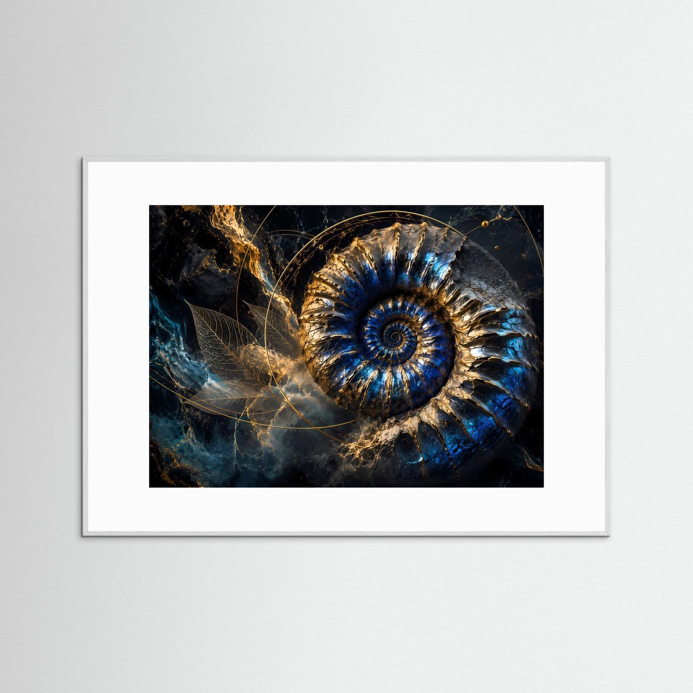 Goldener Ammonit in Tiefblau | Luxuriöse Fossil Kunst mit kosmischer Eleganz