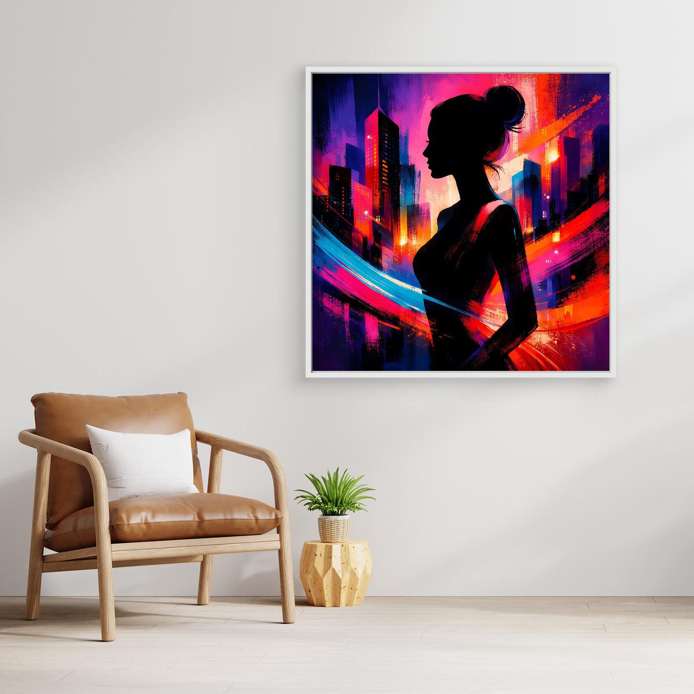 Quadratisches Leinwandbild mit Stadt-Silhouette und Frau im Profil, Neonfarben, goldener Rahmen