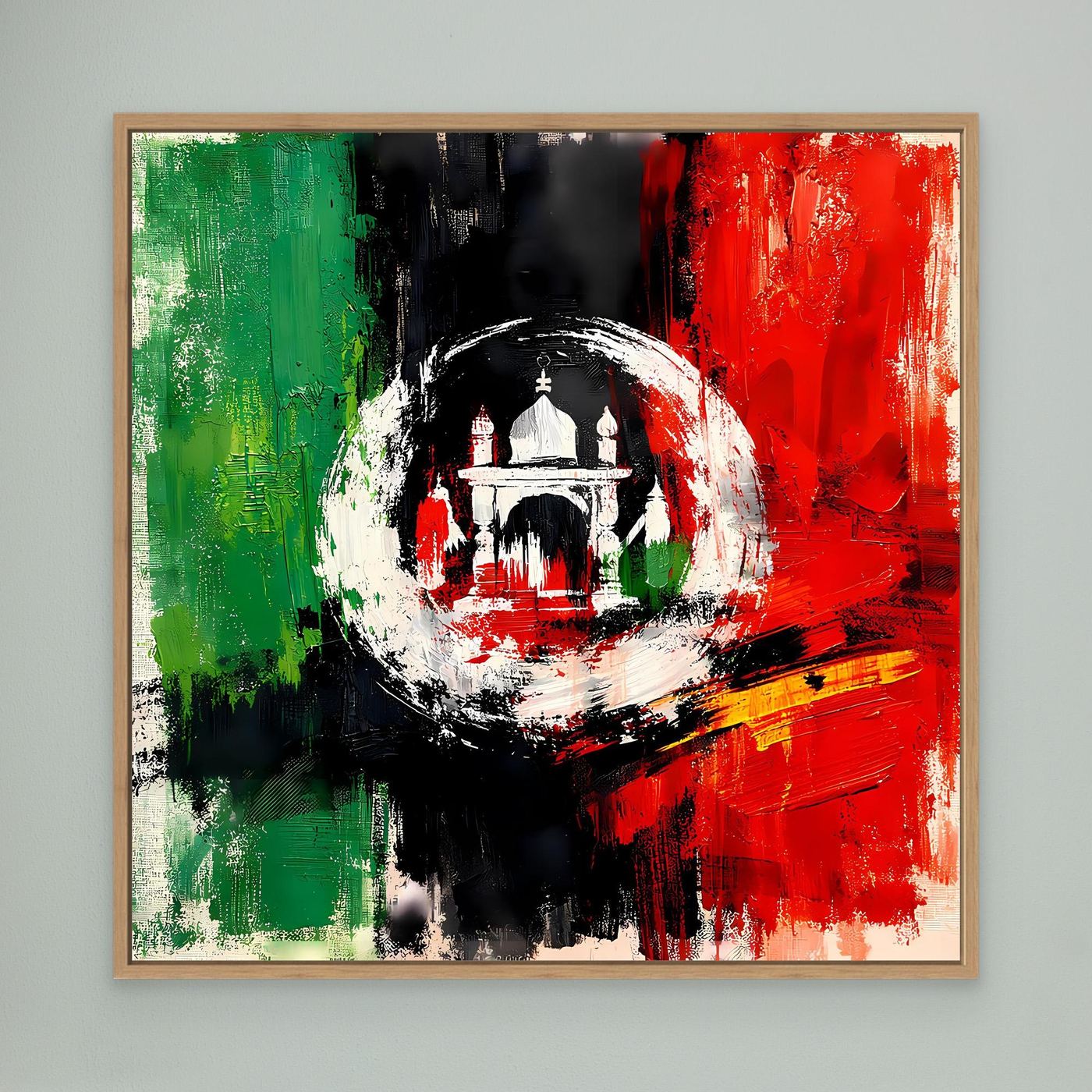 Abstract Afghanistan flag wall art with oak frame, central white emblem circle and building silhouette