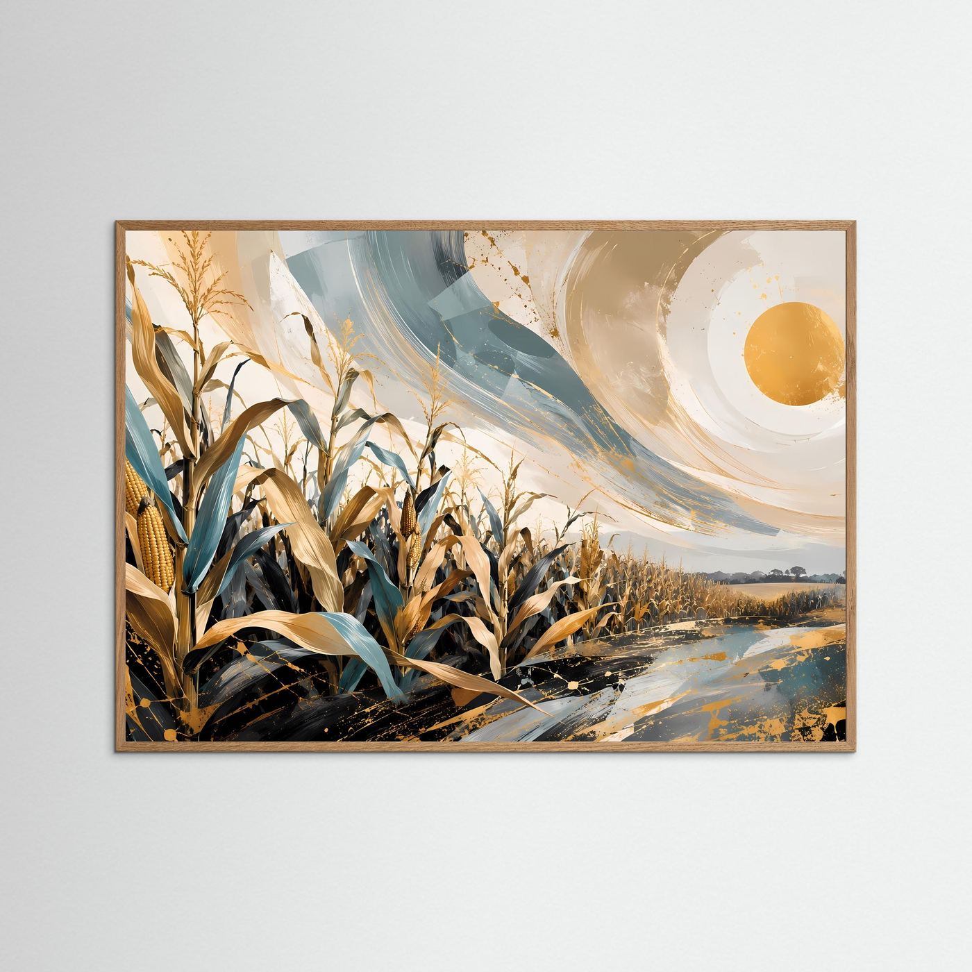 Maisfeld Poster | Abstrakte Landschaft Wandbild | Gold Blau Naturkunst | Modernes Feld Panorama | Eleganter Kunstdruck