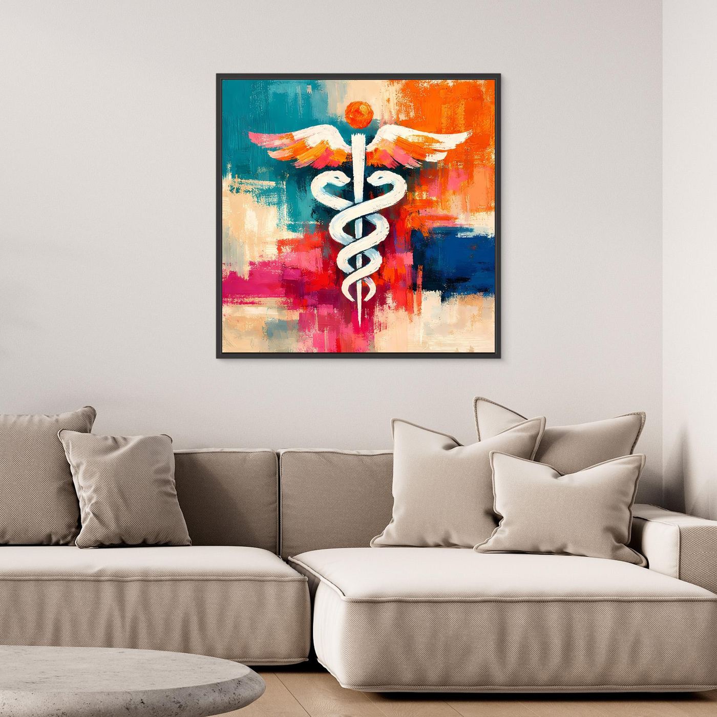 Black-framed abstract medical symbol wall canvas with white winged staff and colorful paint strokes