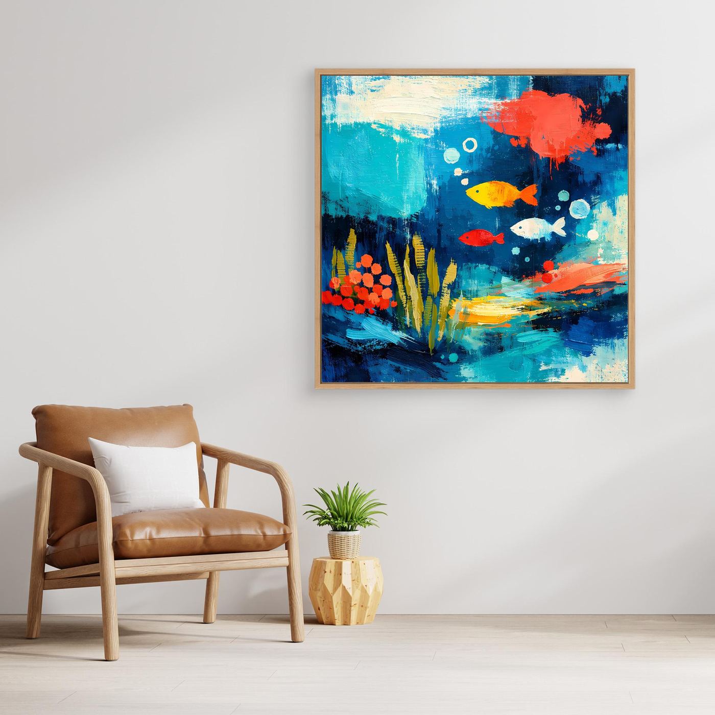 Abstract underwater wall art canvas with fish and coral, light wood frame