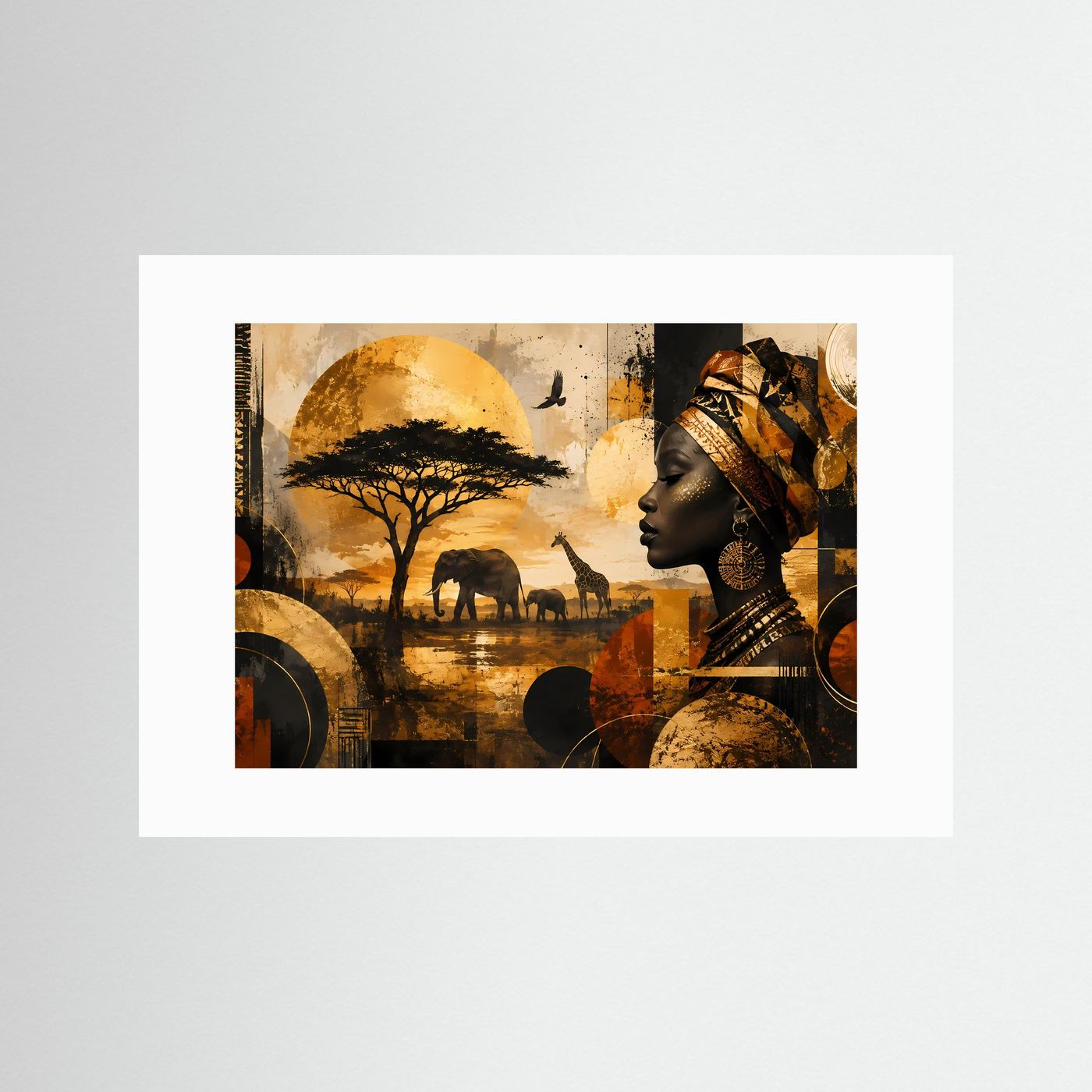 Poster im Querformat mit weißem Passepartout: Afrikanerin im Profil, Elefanten und Giraffen.