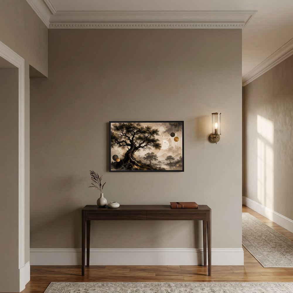 Gerahmte Wandkunst mit altem Baum in Gold- und Beigetönen, Querformat