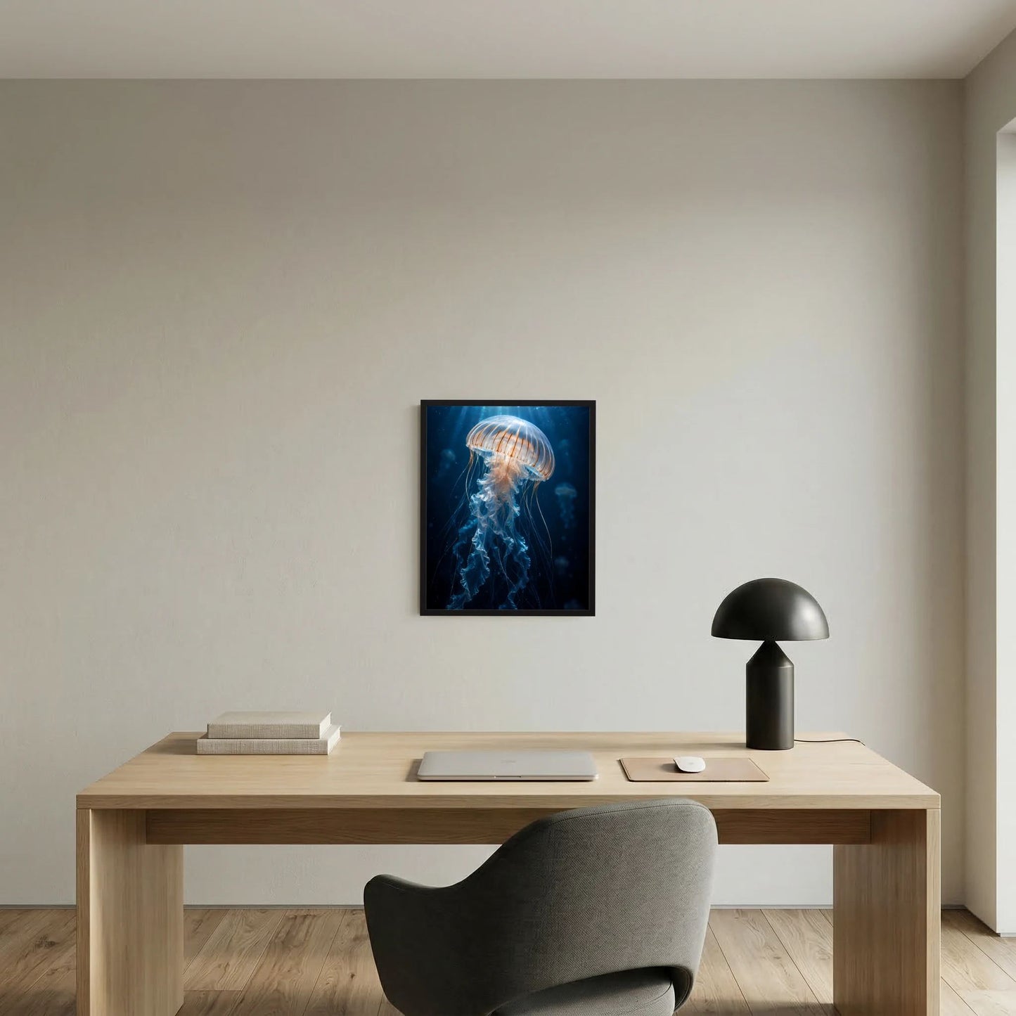 Wandposter mit blauer Qualle unter Wasser im schwarzen Rahmen