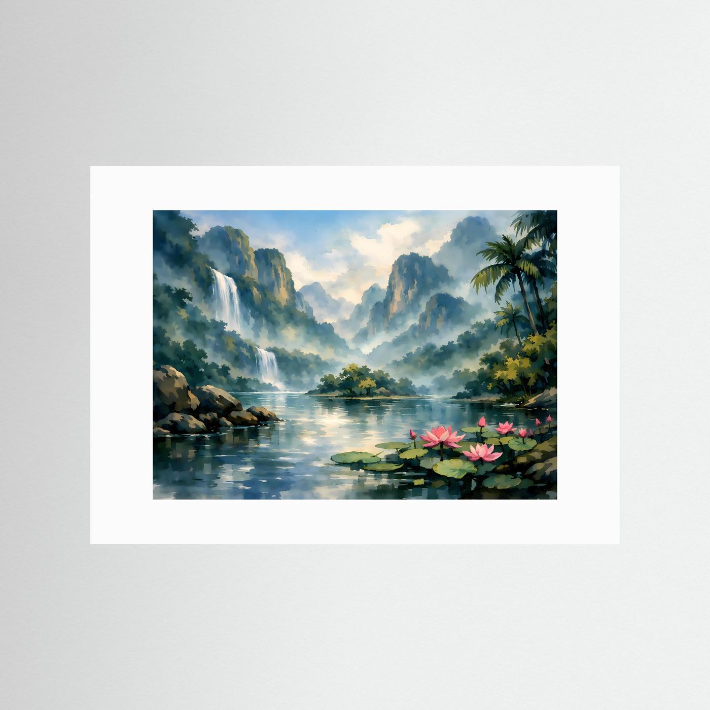 Querformatiger Kunst-Print mit weißem Passepartout: Wasserfall und tropischer See, Seerosen.