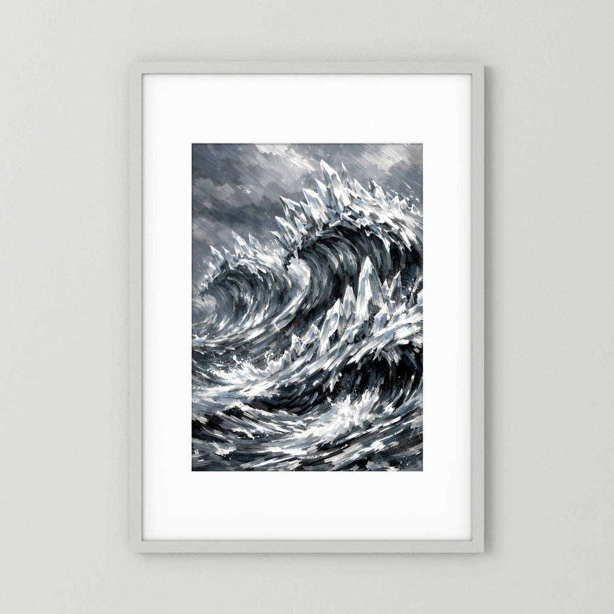 Gerahmtes Hochformat-Poster mit abstrakten Sturmwellen in Schwarzweiß, weißem Rand