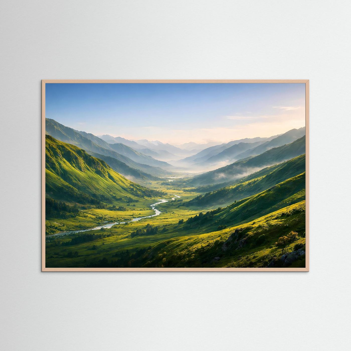 Poster mit Berglandschaft im Tal und Fluss, hellbrauner Holzrahmen, Querformat