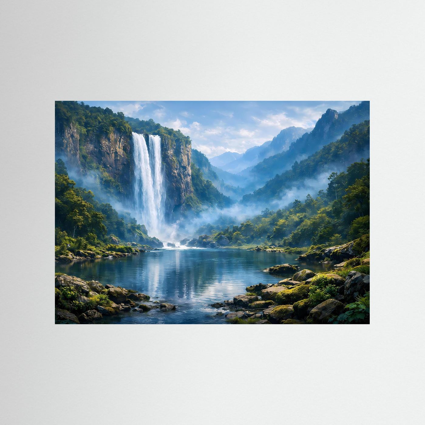 Wandposter mit Wasserfall im Bergwald, ohne sichtbaren Rahmen