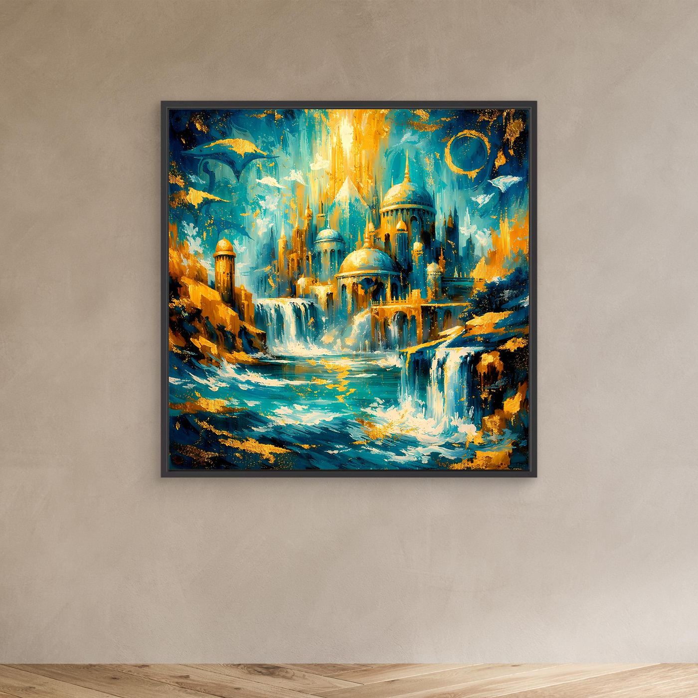 Leinwandbild Fantasystadt mit blauem Palast und goldenen Lichtern, schwarzer Rahmen