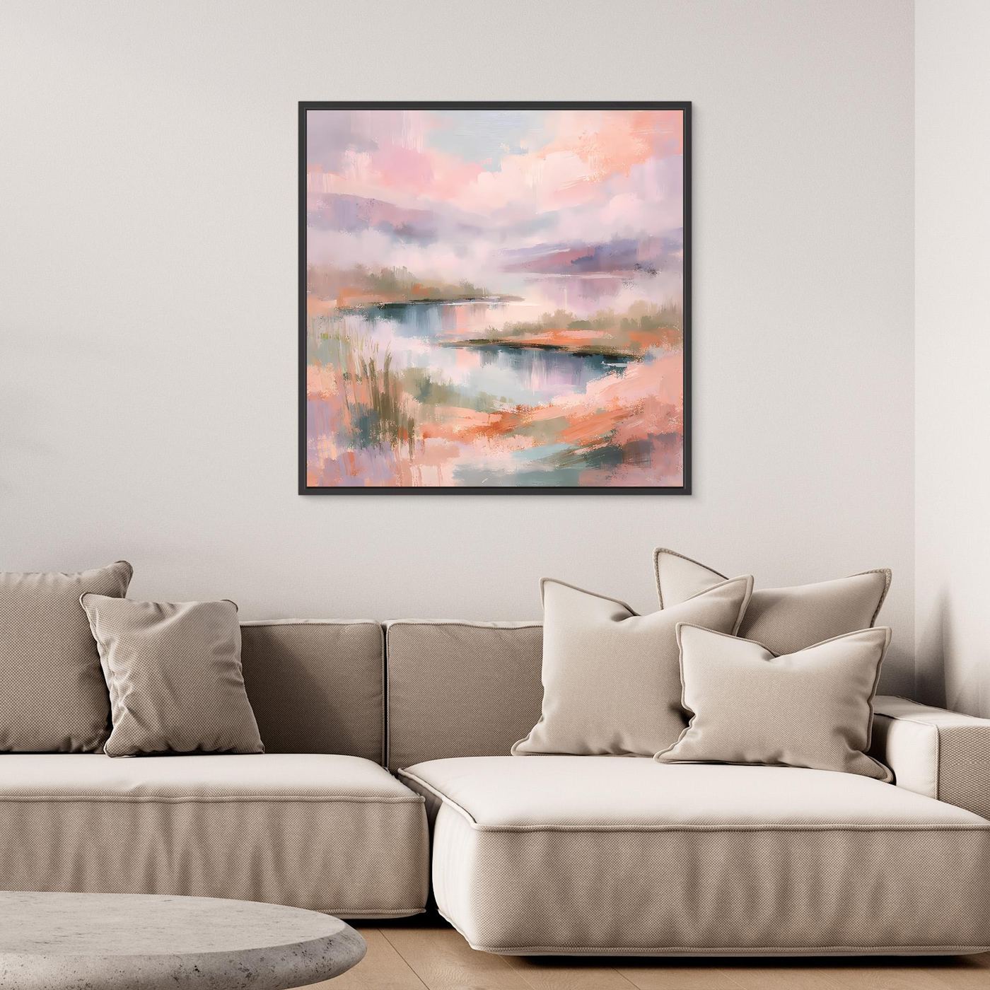 Abstraktes Pastell-Leinwandbild mit Seenlandschaft, rechteckig, schwarzer Rahmen