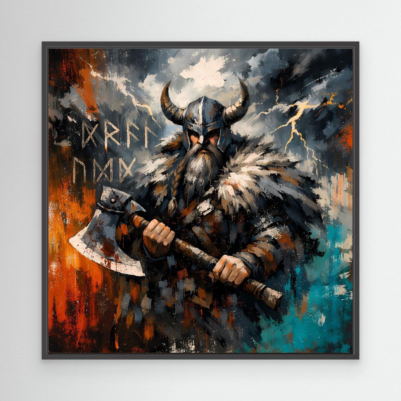 Leinwand-Wandbild: Wikingerkrieger mit Streitaxt im abstrakten Stil, mit schwarzem Rahmen