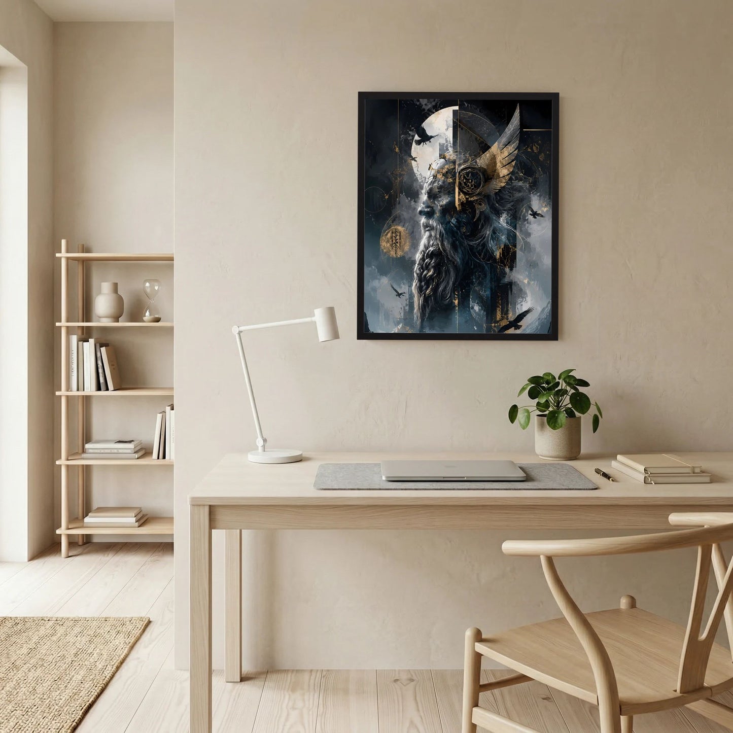 Gerahmtes Hochformat-Poster mit dunklem Wikinger-Vogel-Motiv im Raum