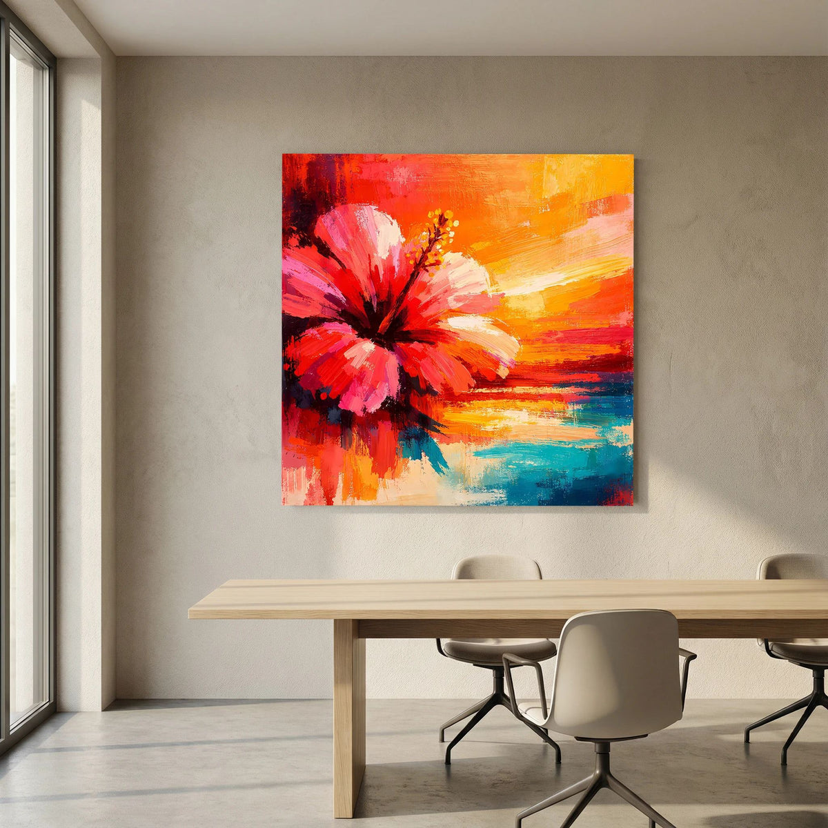 Abstraktes Hibiskusblütenbild auf Leinwand mit warmen Rot-Orange-Tönen und blauen Schatten