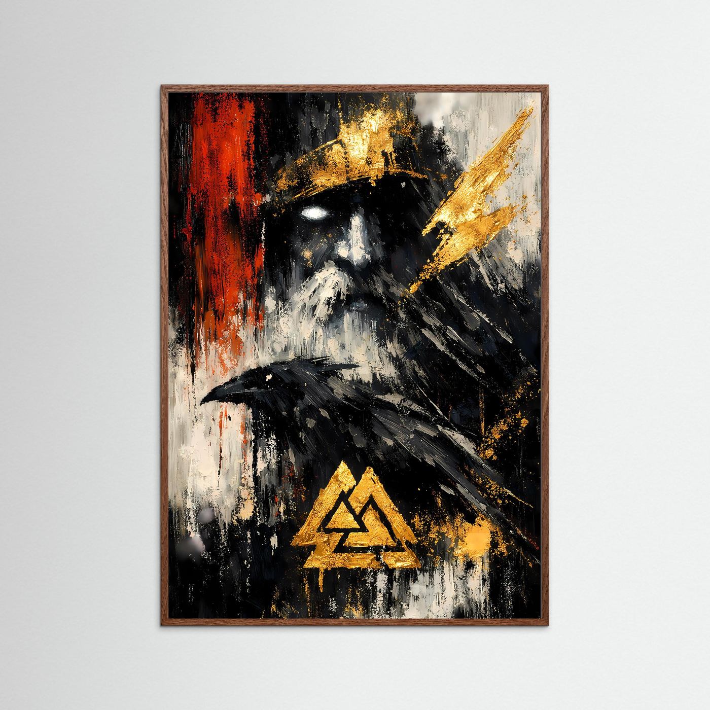 Abstraktes Nordisches Mythologie-Poster mit braunem Holzrahmen: schwarze Gestalt, goldene Rune, rot/gelb