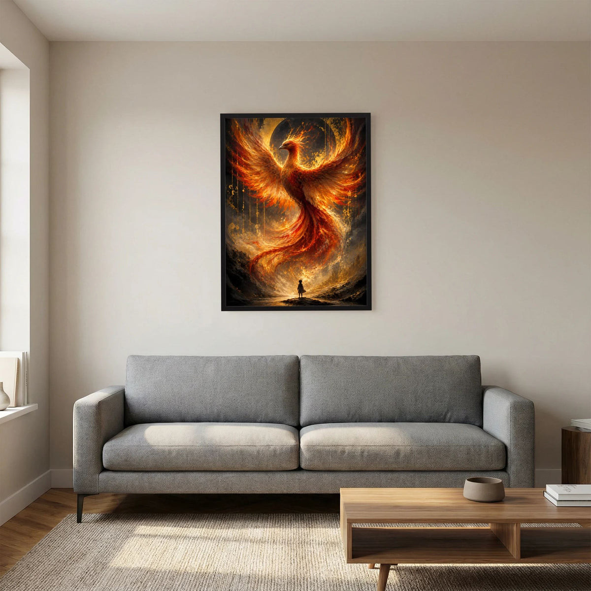 Hochformat-Poster mit Phönix aus Feuer, Gold-Orange, schwarzer Rahmen