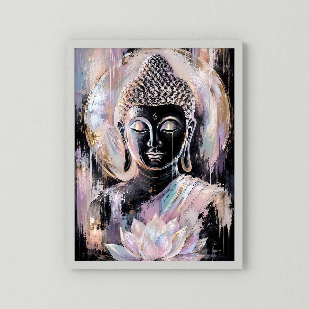 Buddha-Poster ohne Rahmen mit weißem Rand und Lotusblüte in Pastellfarben