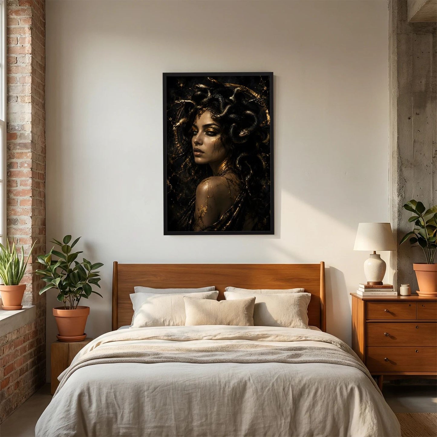 Poster mit Medusa-Frauenporträt in Schwarz-Gold, Schlangenhaar, schwarzer Rahmen im Raum