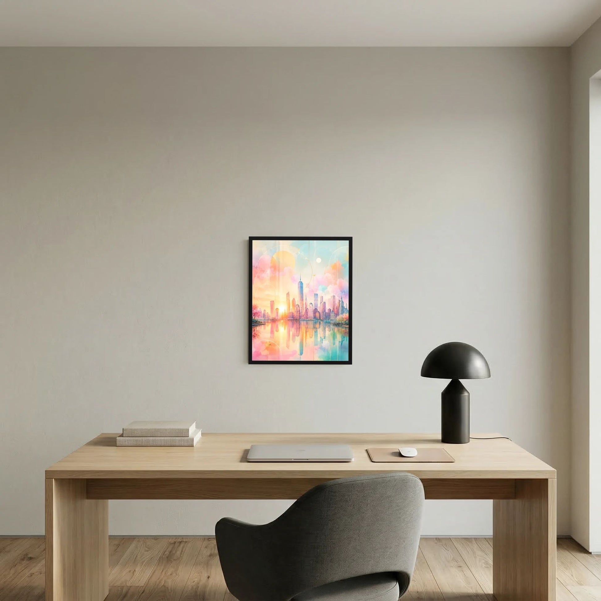Kunstposter Hochformat mit abstrakter Skyline am Wasser in Pastellrosa und Türkis, schwarzer Rahmen
