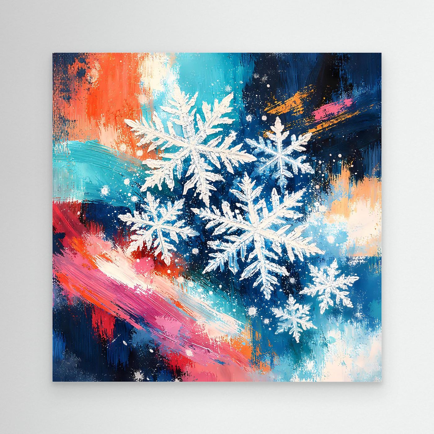 Wandbild mit abstrakten weißen Schneeflocken auf buntem, winterlichem Farbverlauf