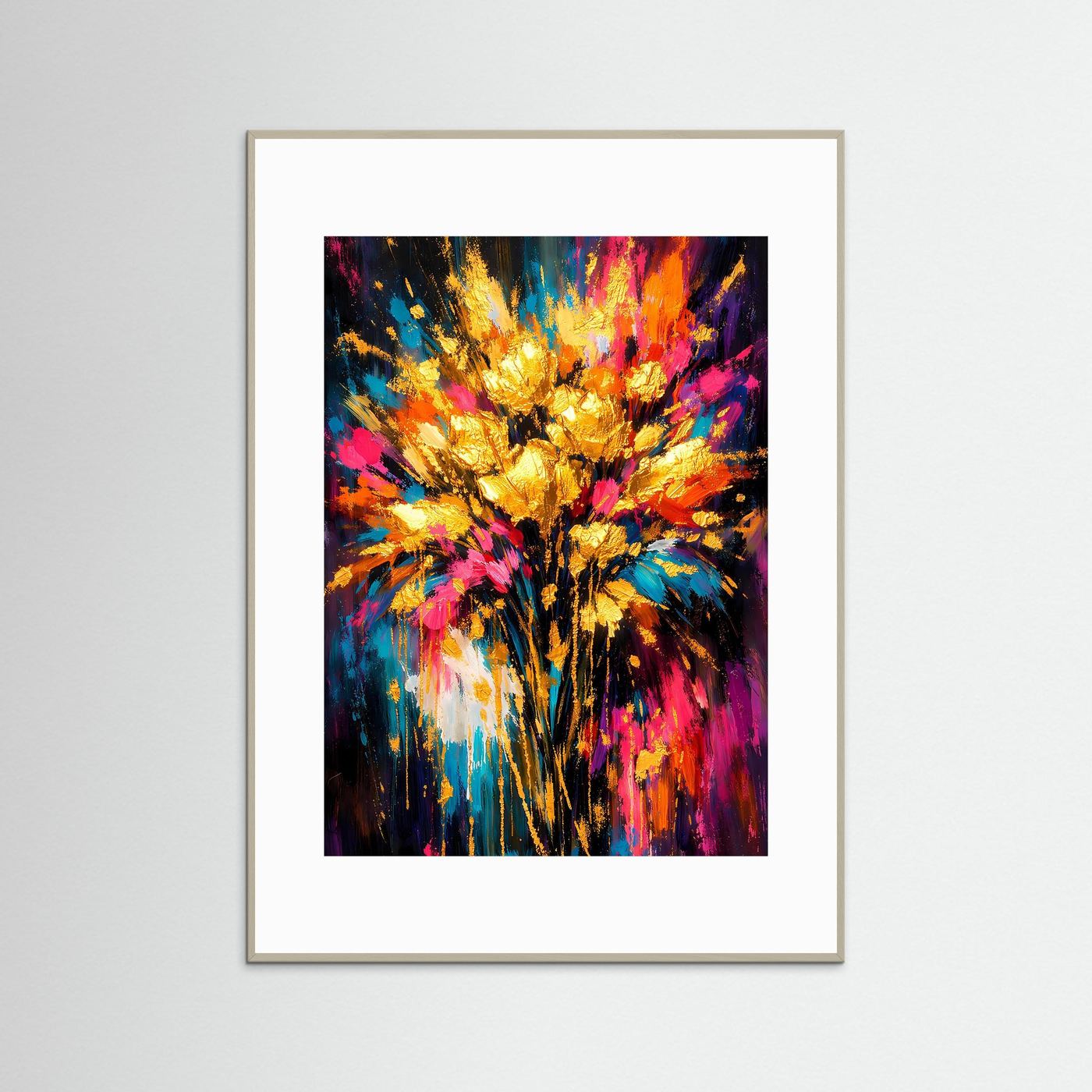 Blumenstrauß-Poster mit abstraktem Farbklecks-Motiv, goldene Akzente, grauer Rahmen