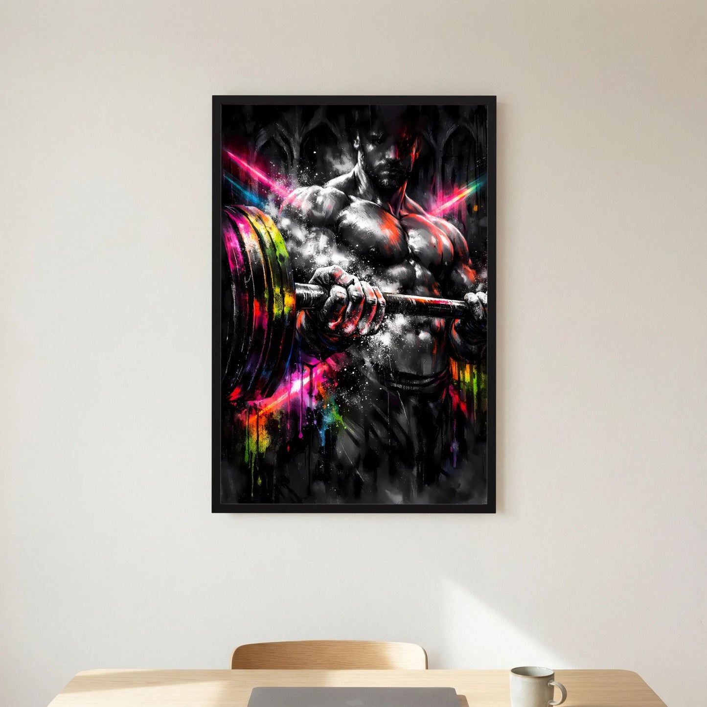 Kunstposter mit Neon-Bodybuilder, der eine Langhantel trägt, leuchtende Linien und Farbspritzer