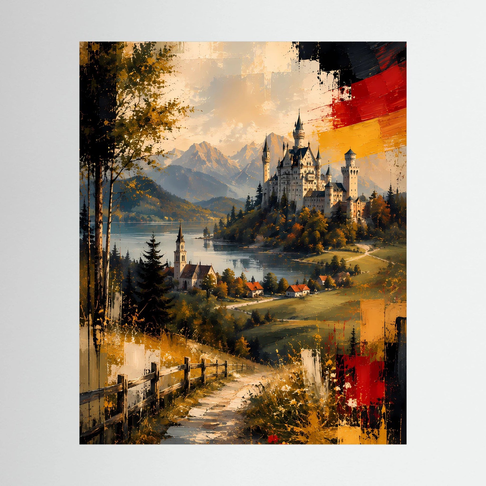Kunstposter im Hochformat mit Schlosslandschaft, See und Bergen in Gold- und Rottönen