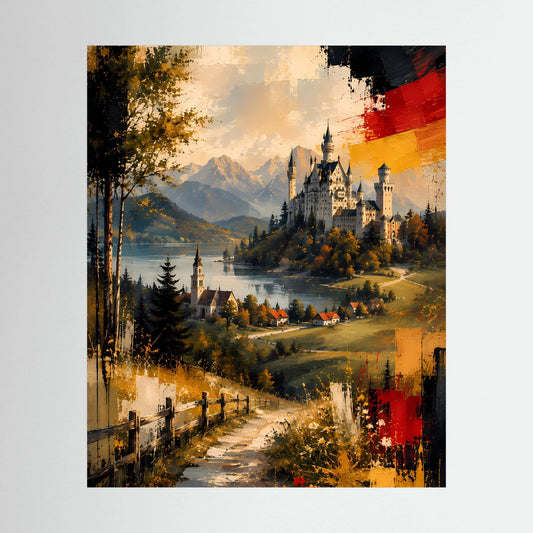 Kunstposter im Hochformat mit Schlosslandschaft, See und Bergen in Gold- und Rottönen