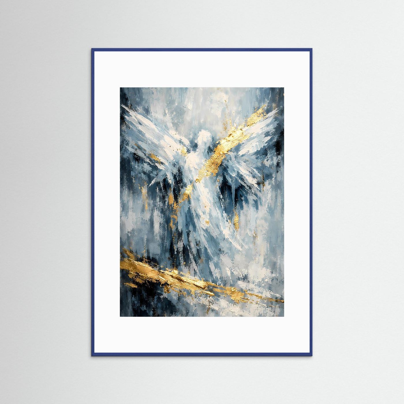 Engel-Poster mit abstrakten Flügeln in Tiefblau, Weiß und Gold; blauer Rahmen
