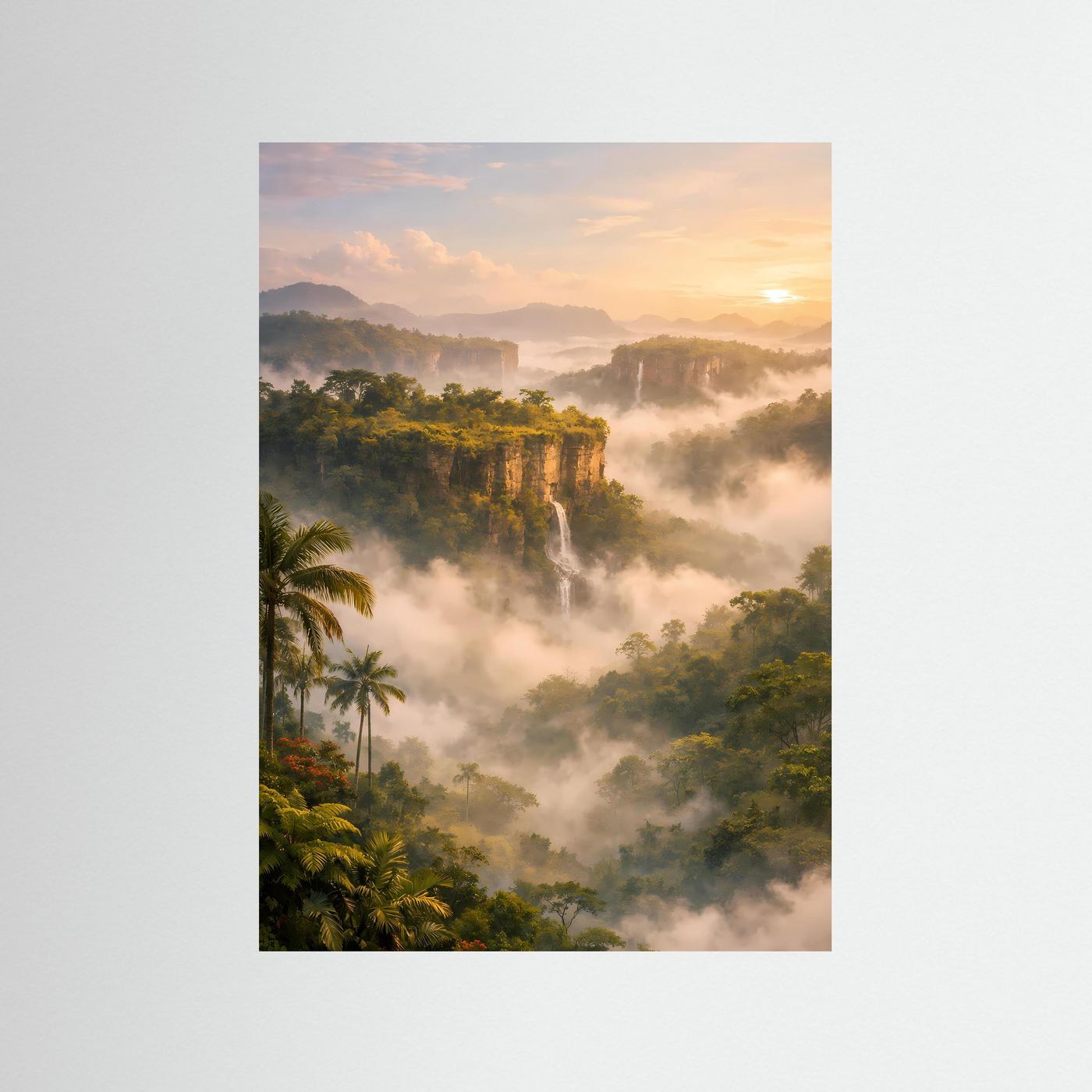 Hochformatiges Dschungelposter mit Wasserfällen, Nebel und Sonnenuntergang, ohne Rahmen
