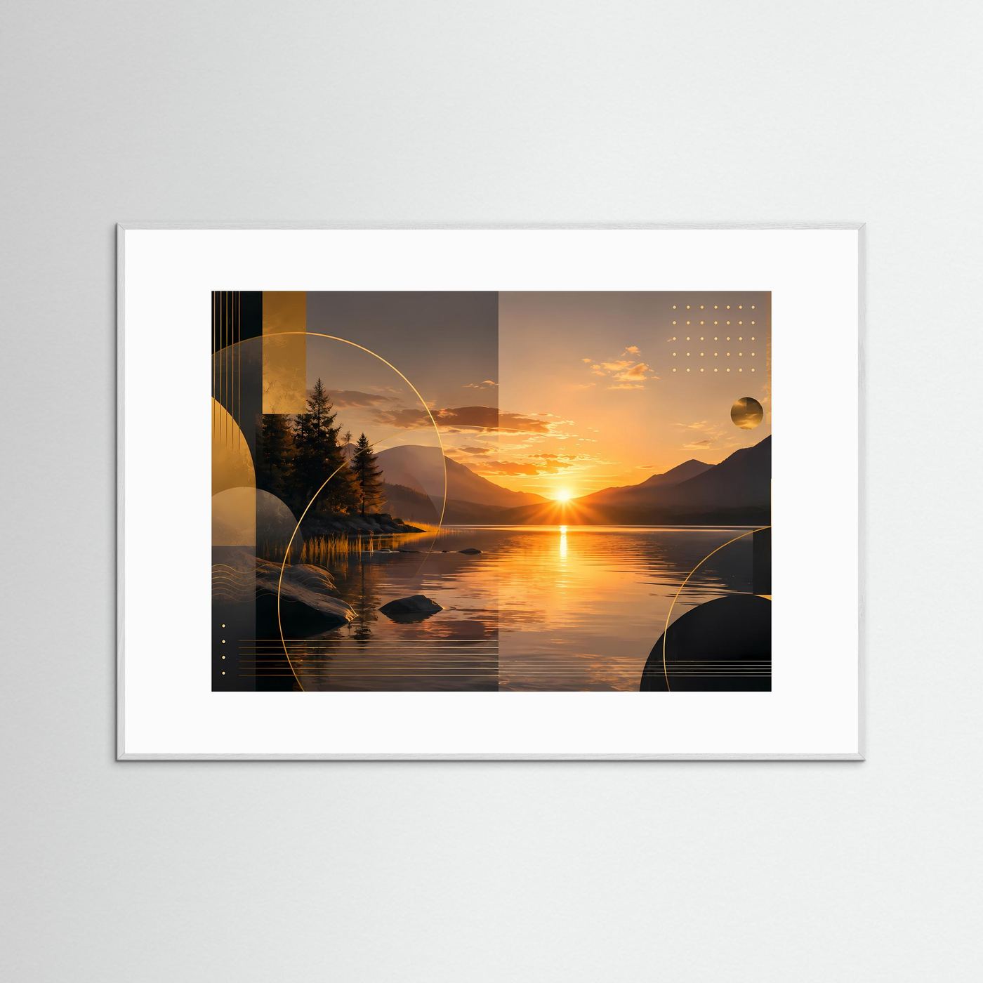 Querformat-Poster mit Bergsee-Landschaft und Sonnenuntergang, weißer Rahmen, weißer Rand