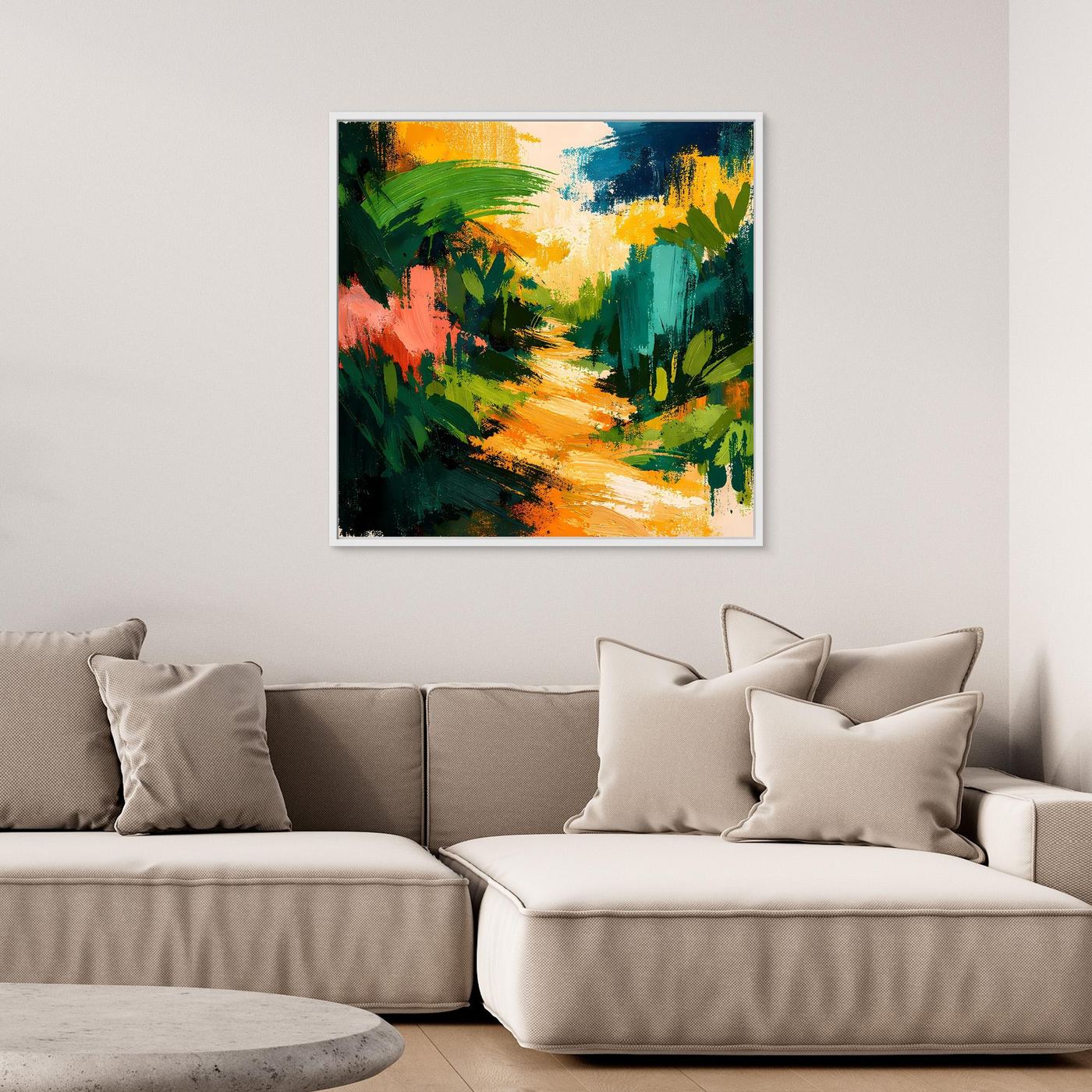 Framed abstract forest path canvas wall art with vivid green and warm orange brushstrokes, square