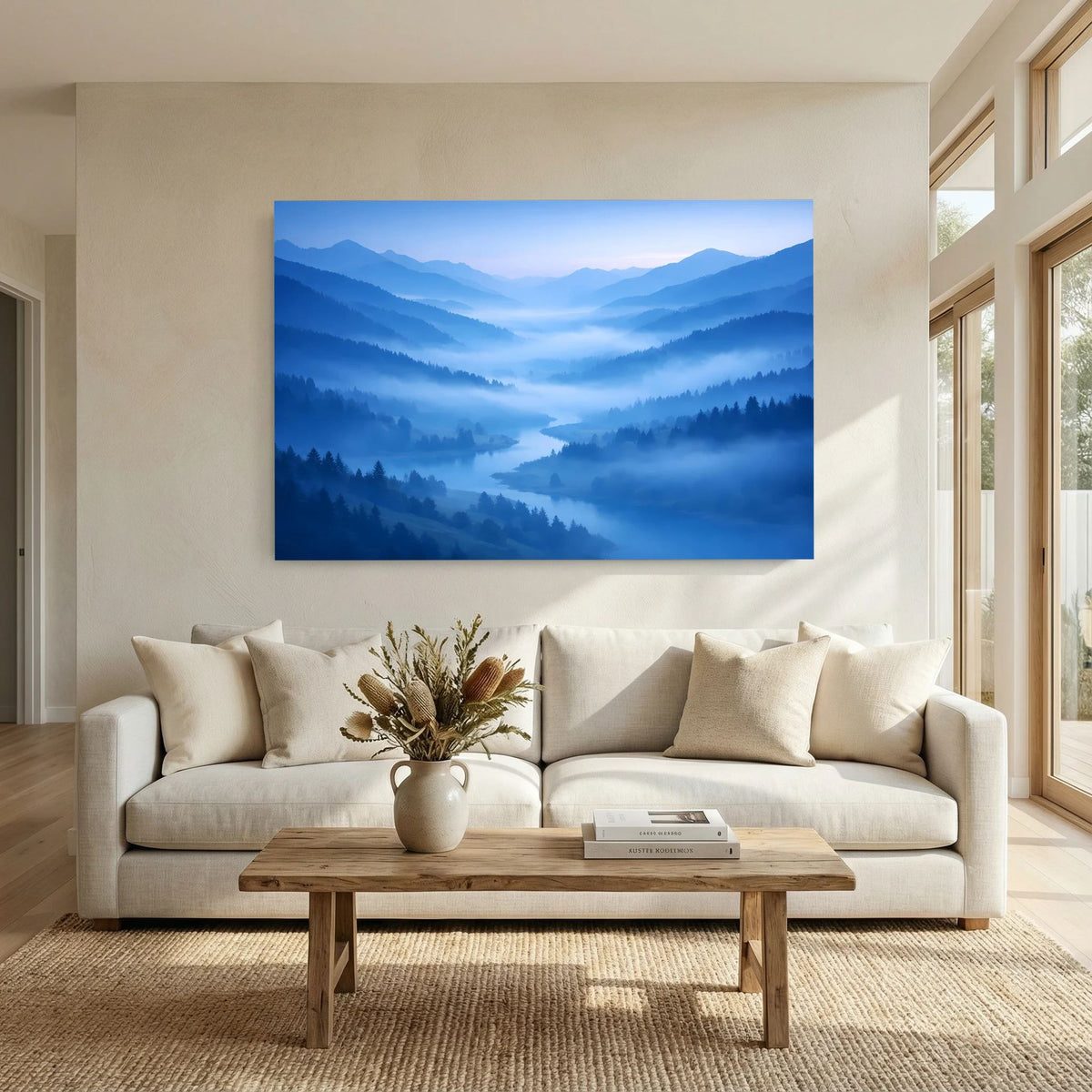 Wandposter im Querformat: Nebeltal zwischen blauen Bergzügen
