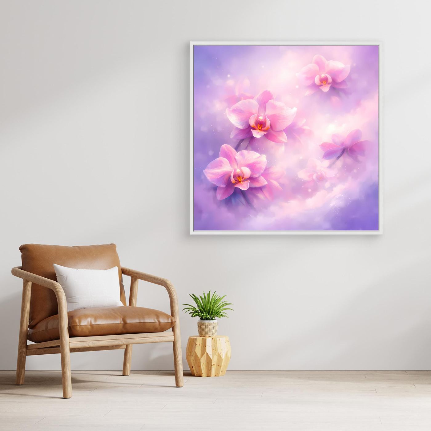 Leinwandbild mit pastellfarbenen Orchideen im lila-pinken Farbverlauf, mit weißem Rahmen.