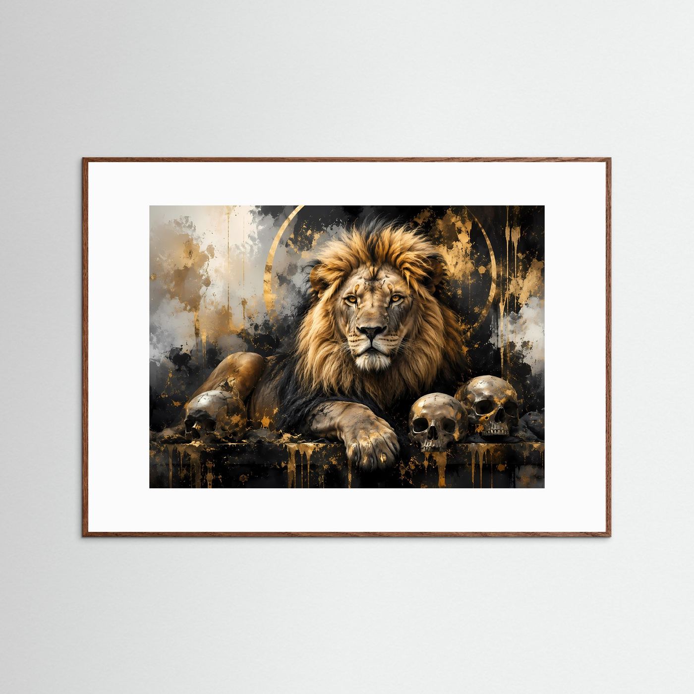 Löwe Poster mit Totenköpfen | Abstrakte Schwarz Gold Löwen Wandkunst | Majestätischer Lion Kunstdruck Modern