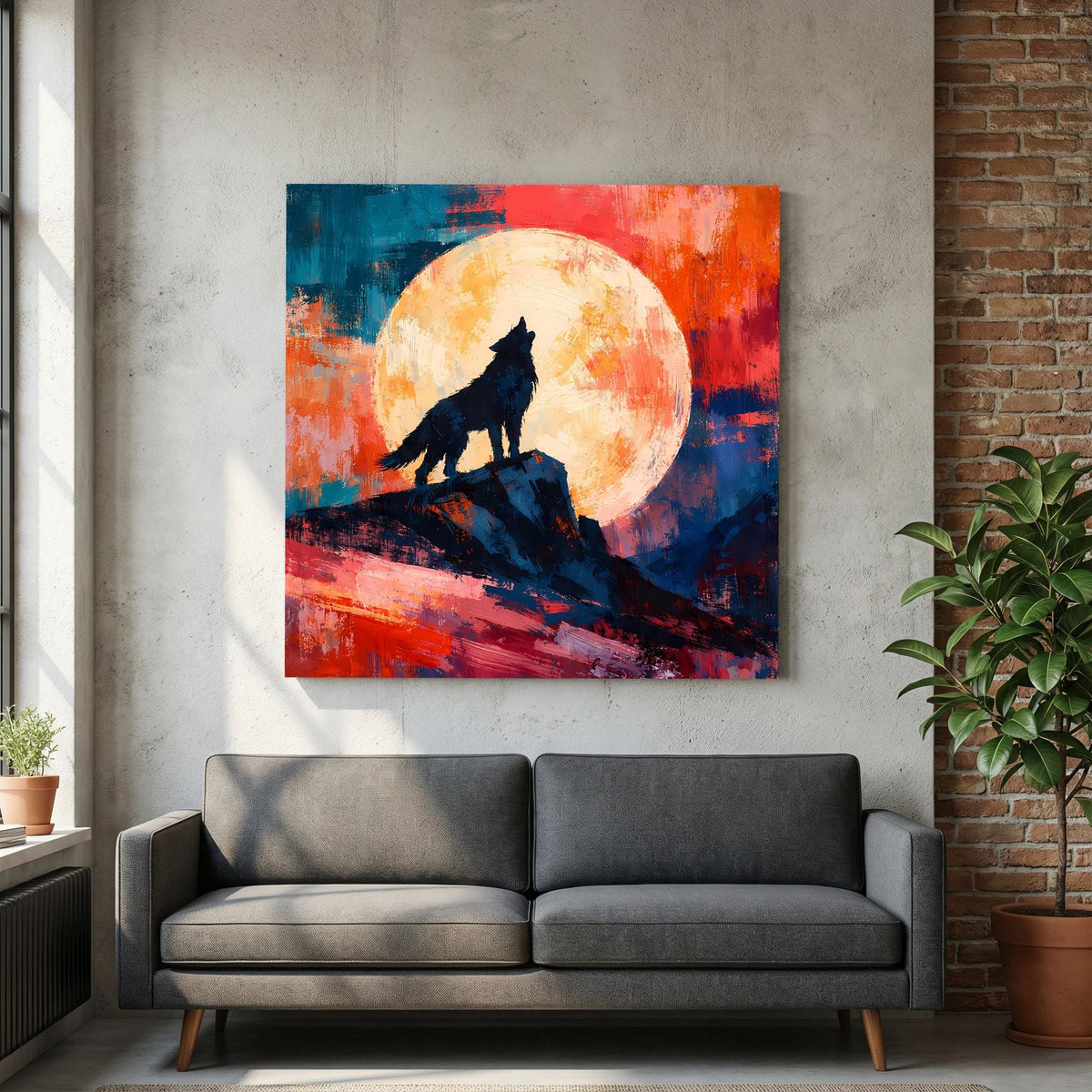 Leinwand Abstraktes Wolf Gemälde | Modernes Mystisches Wandbild Heulender Wolf Vollmond