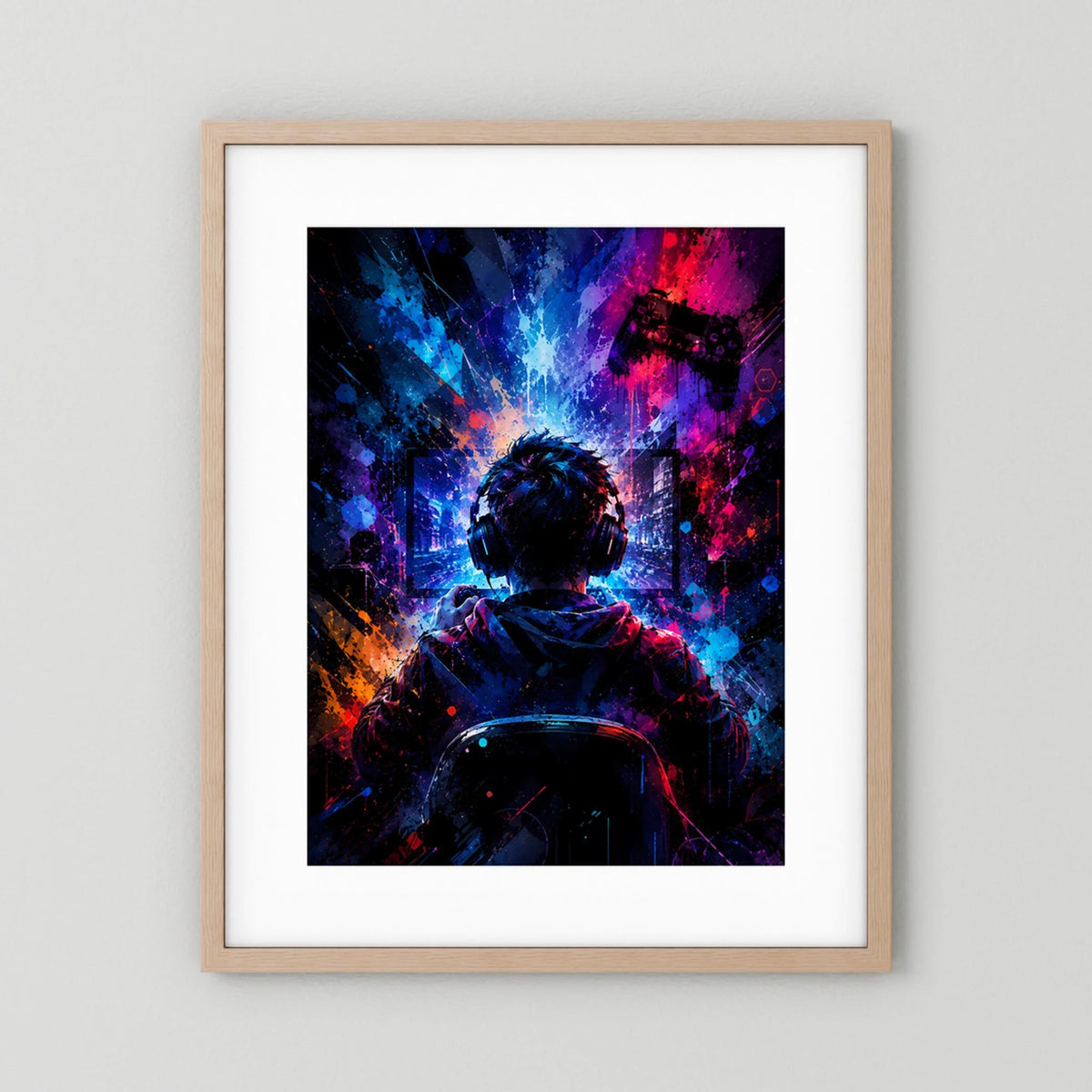 Poster im Hochformat mit hellem Holzrahmen und weißem Rand, Gamer mit Headset