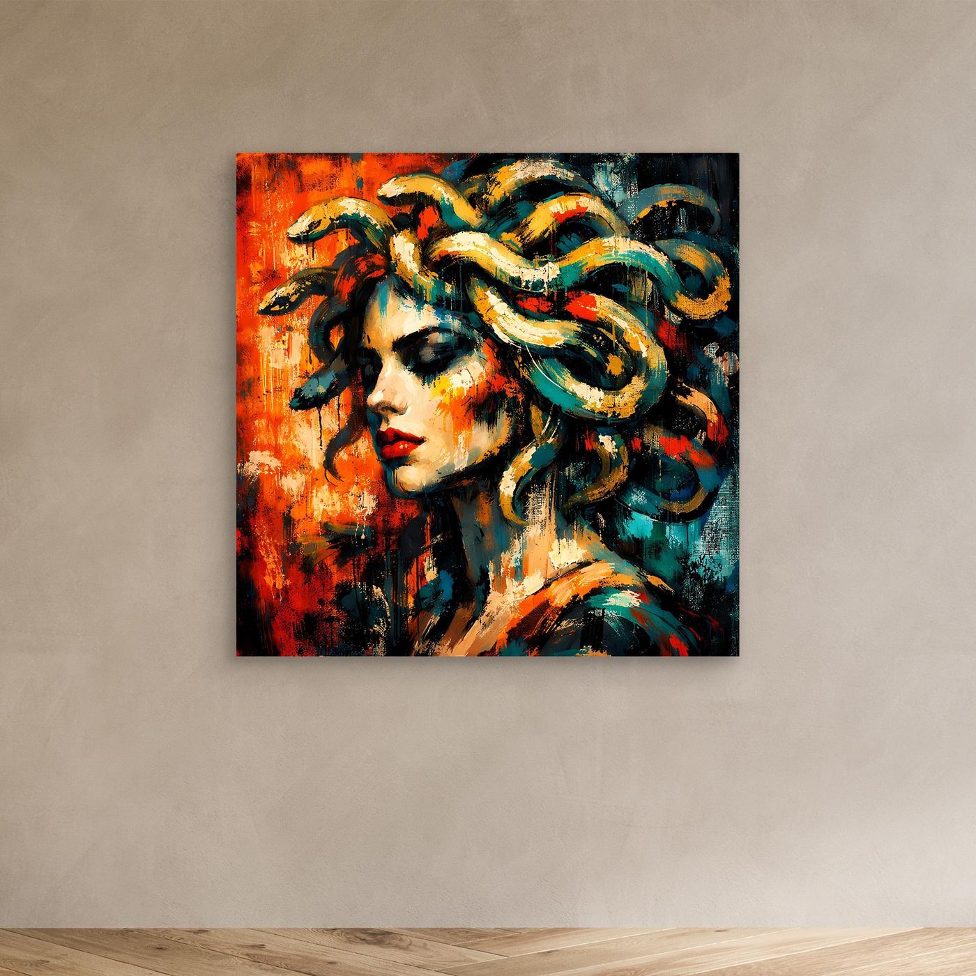 Kleines Leinwandbild: abstrakte Medusa mit Frauengesicht und Schlangenhaaren, ohne Rahmen