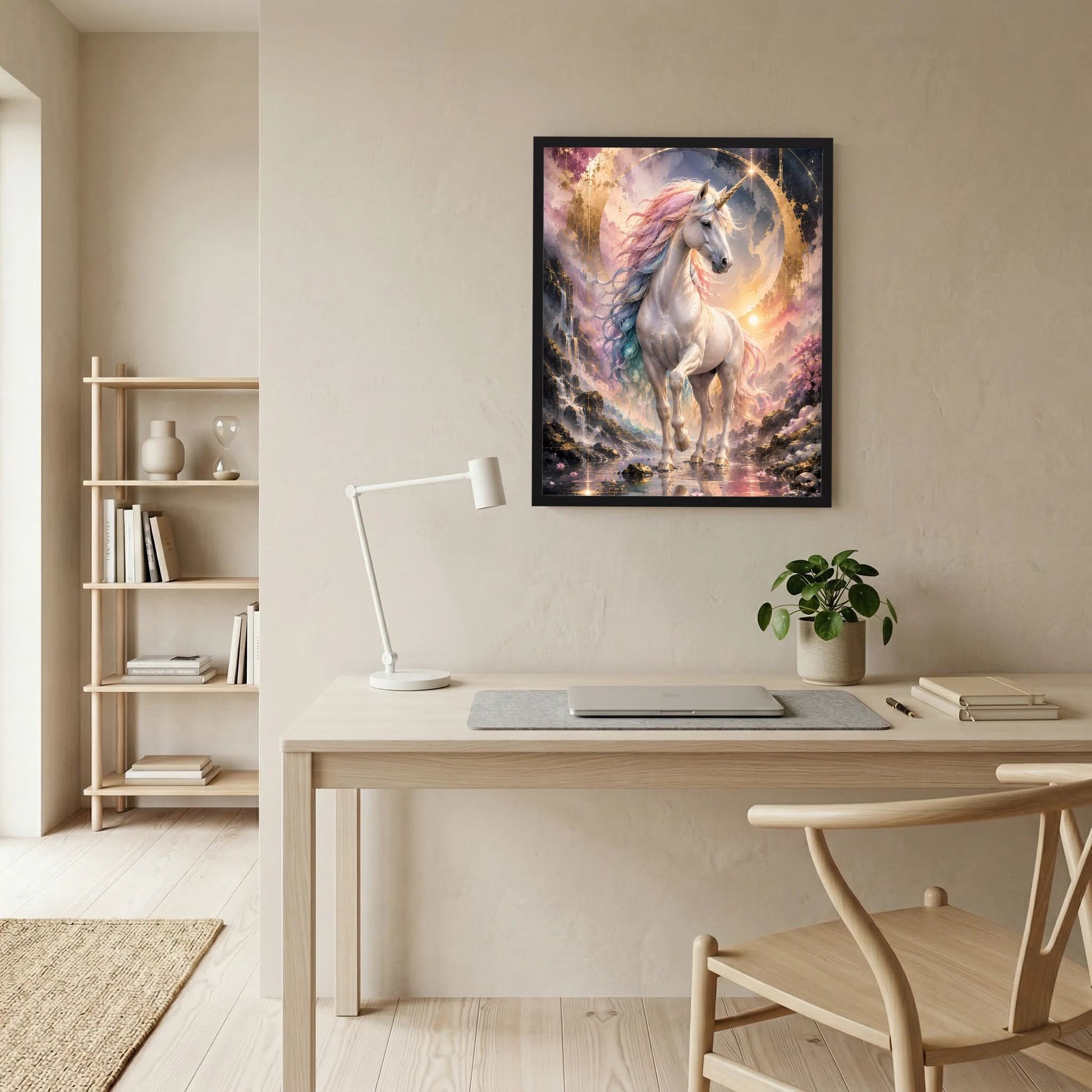 Gerahmtes Einhorn-Poster mit silbernem Einhorn, pastellfarbener Mähne und goldenen Akzenten