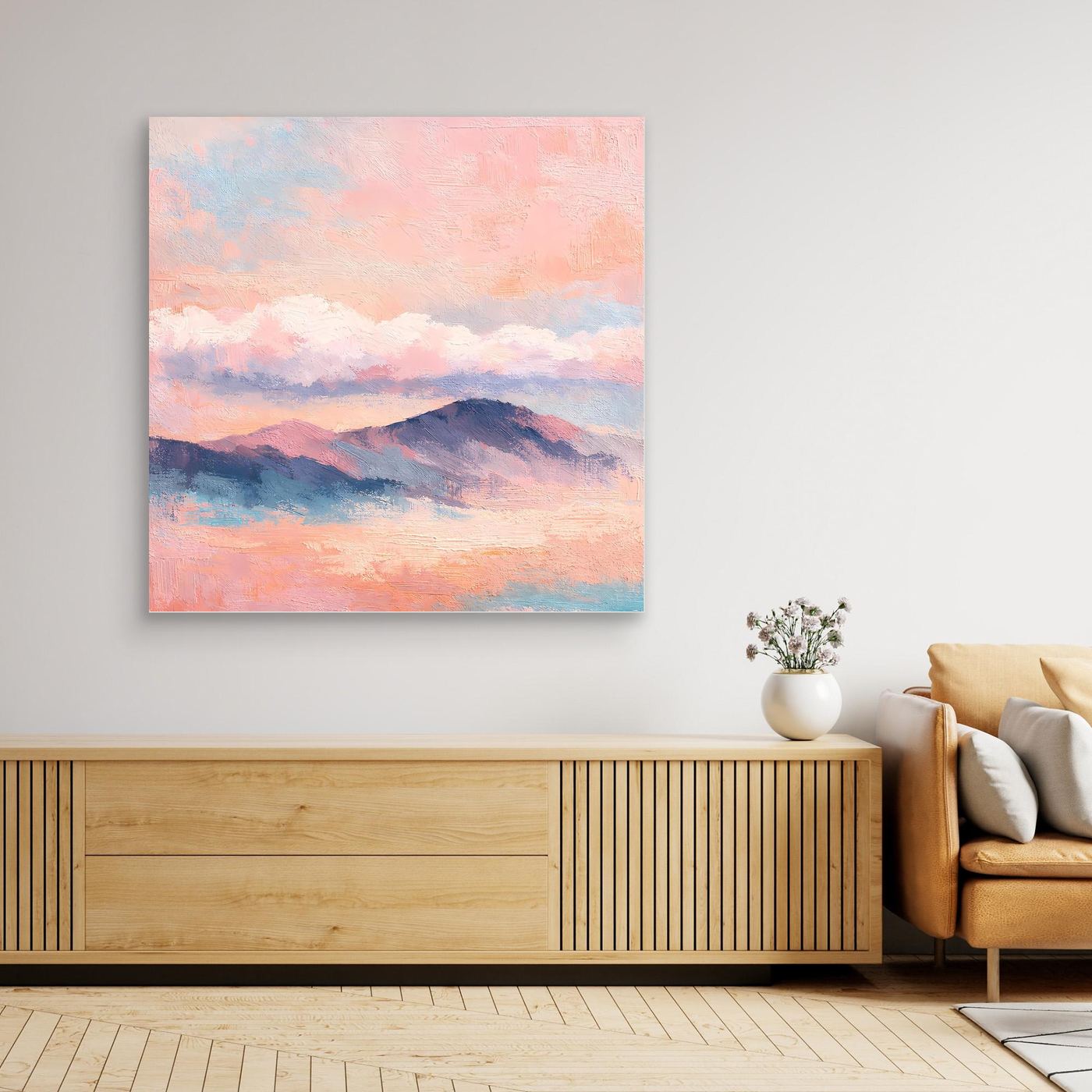 Leinwand-Wandbild mit pastellfarbener Bergkette und wolkigem Himmel, ohne Rahmen