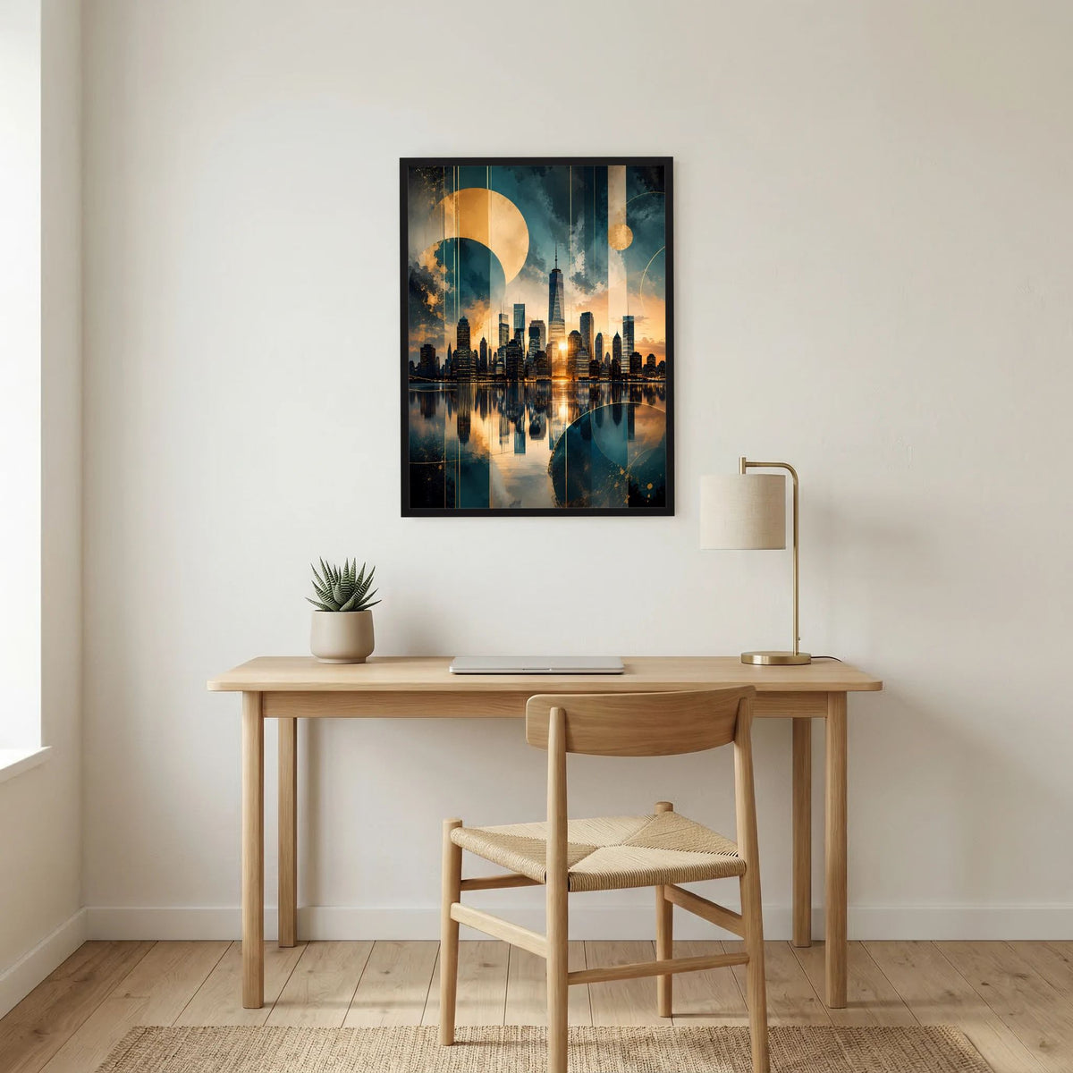 Hochformatiges Skyline-Poster im schwarzen Rahmen, gold & petrol mit Lichterspiegelung auf Wasser