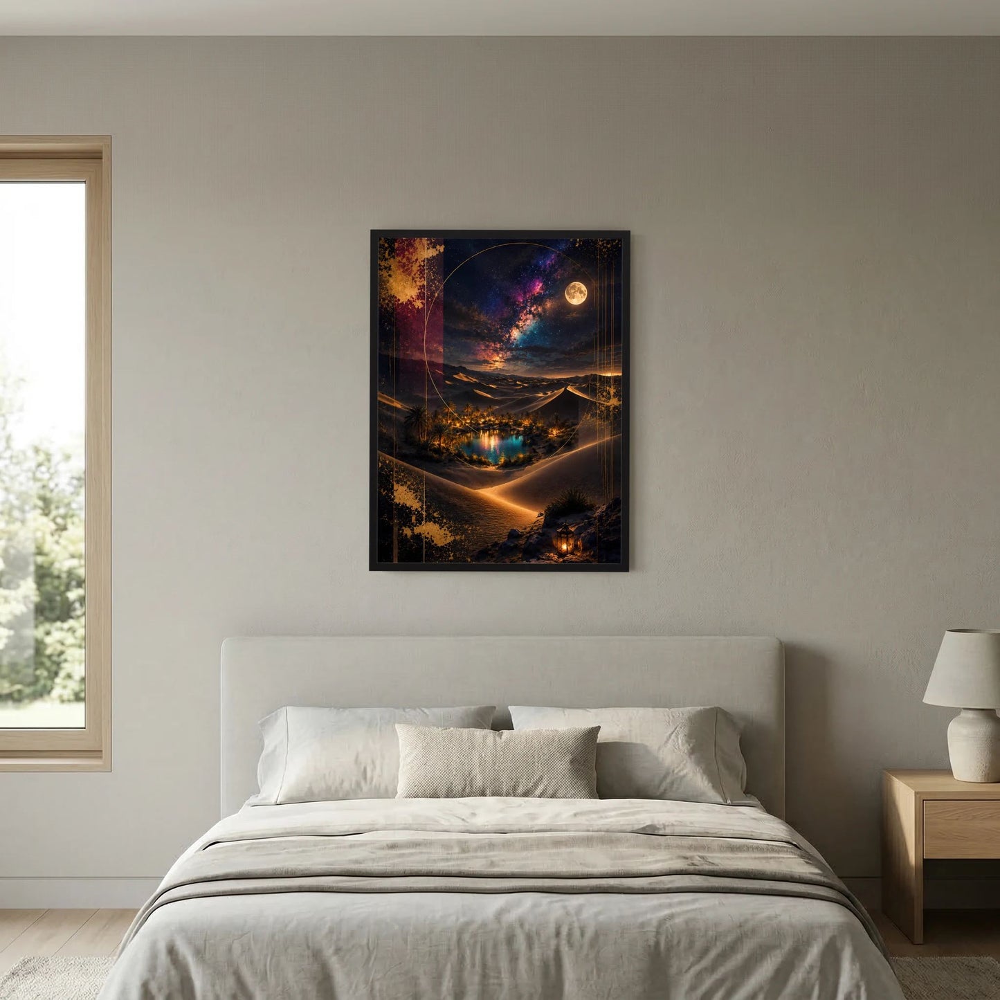 Hochformatiges Poster: Wüstennacht mit Regenbogenwolken, Oasenlichtern und leuchtenden Wegen