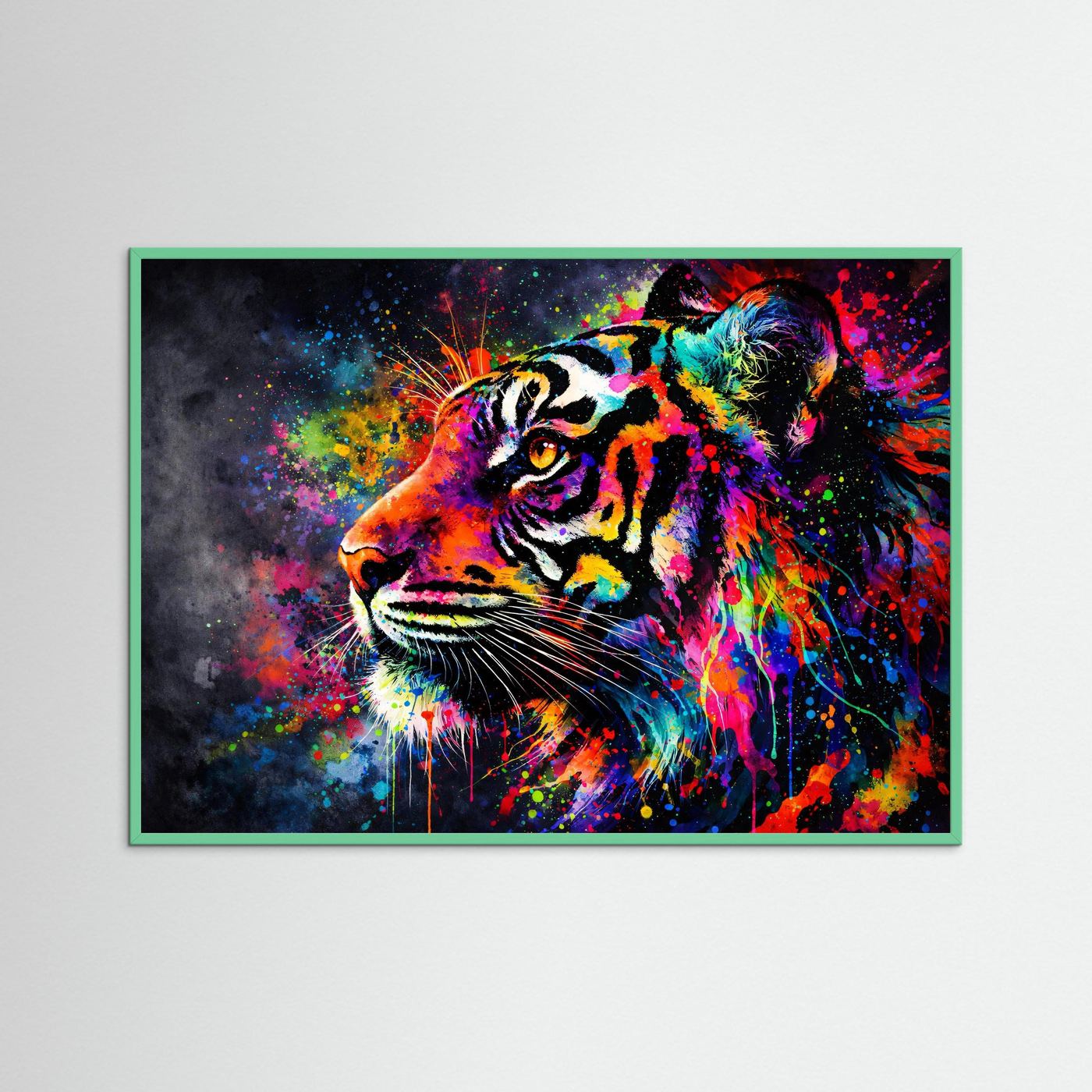 Tiger-Wandbild im Querformat mit farbenfrohem Porträt, dunkelgrüner Rahmen