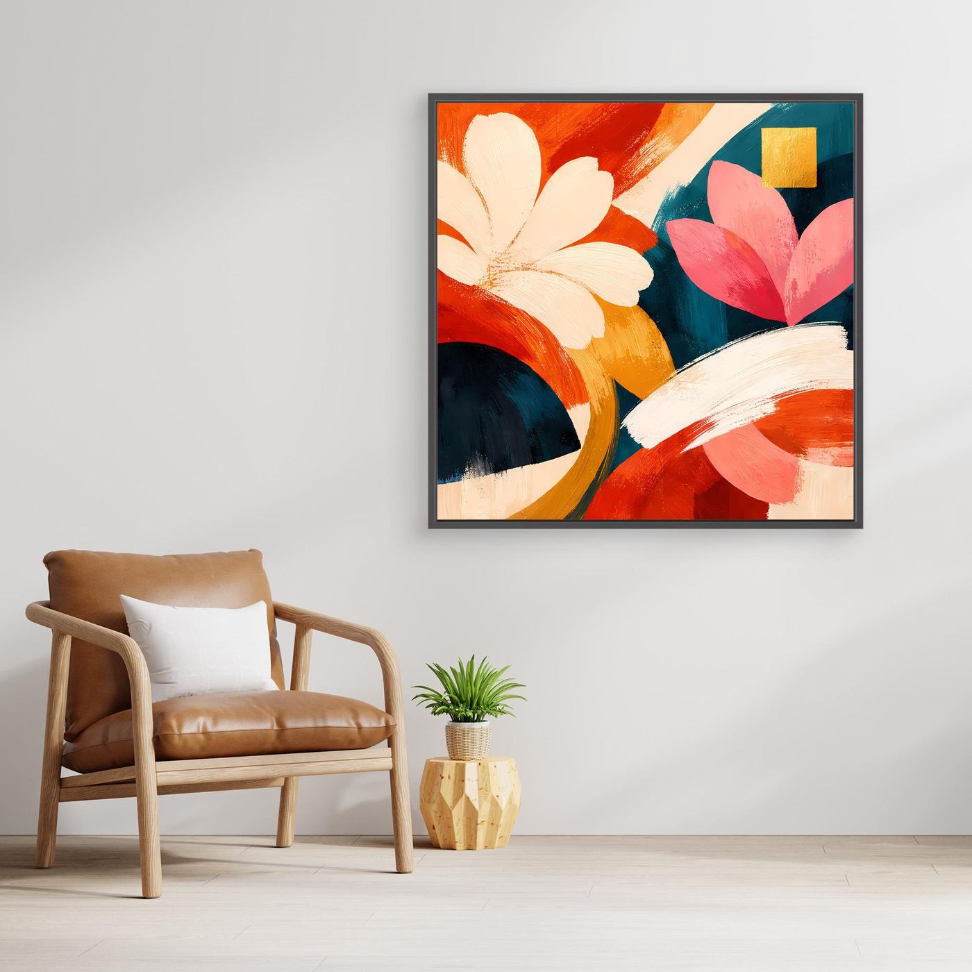 Gerahmtes Leinwandbild mit abstrakten Blüten in Rot, Pink und Weiß, Holzrahmen und goldfarbene Akzente