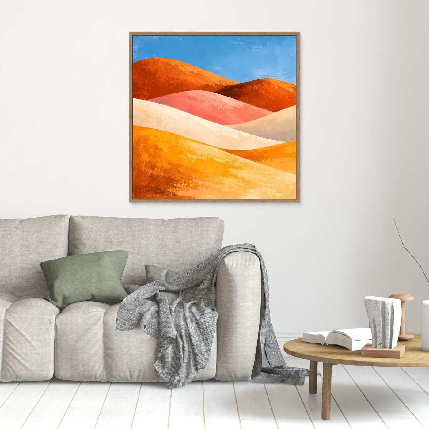 Abstraktes Wandbild auf Leinwand mit Dünen in Orange und Rosa, goldbraun gerahmt